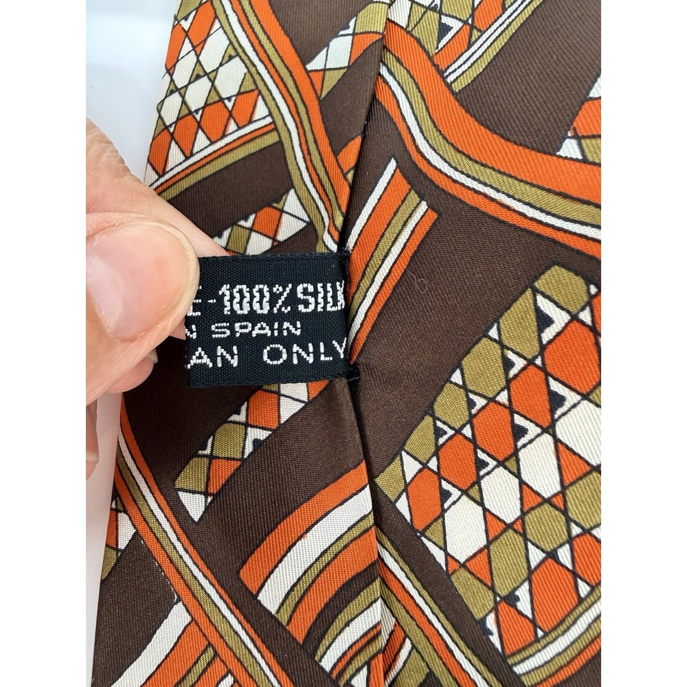 Vtg 70's I.Magnin 100% Silk Tie Spain Brown Orange Abstract Retro Geo Pattern - Picture 3 of 7
